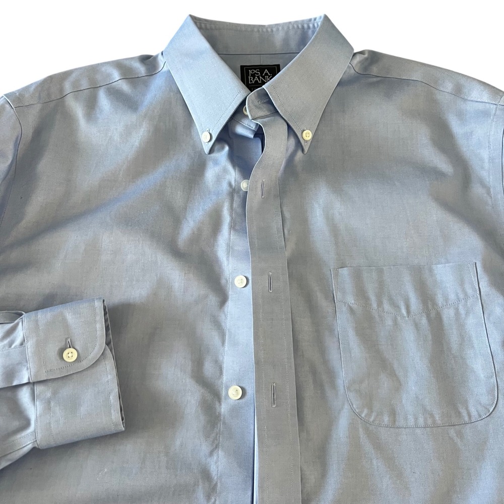 Jos A Bank Traveler Slim Fit Blue Button Down Dress Shirt Mens 16.5 34 Pocket